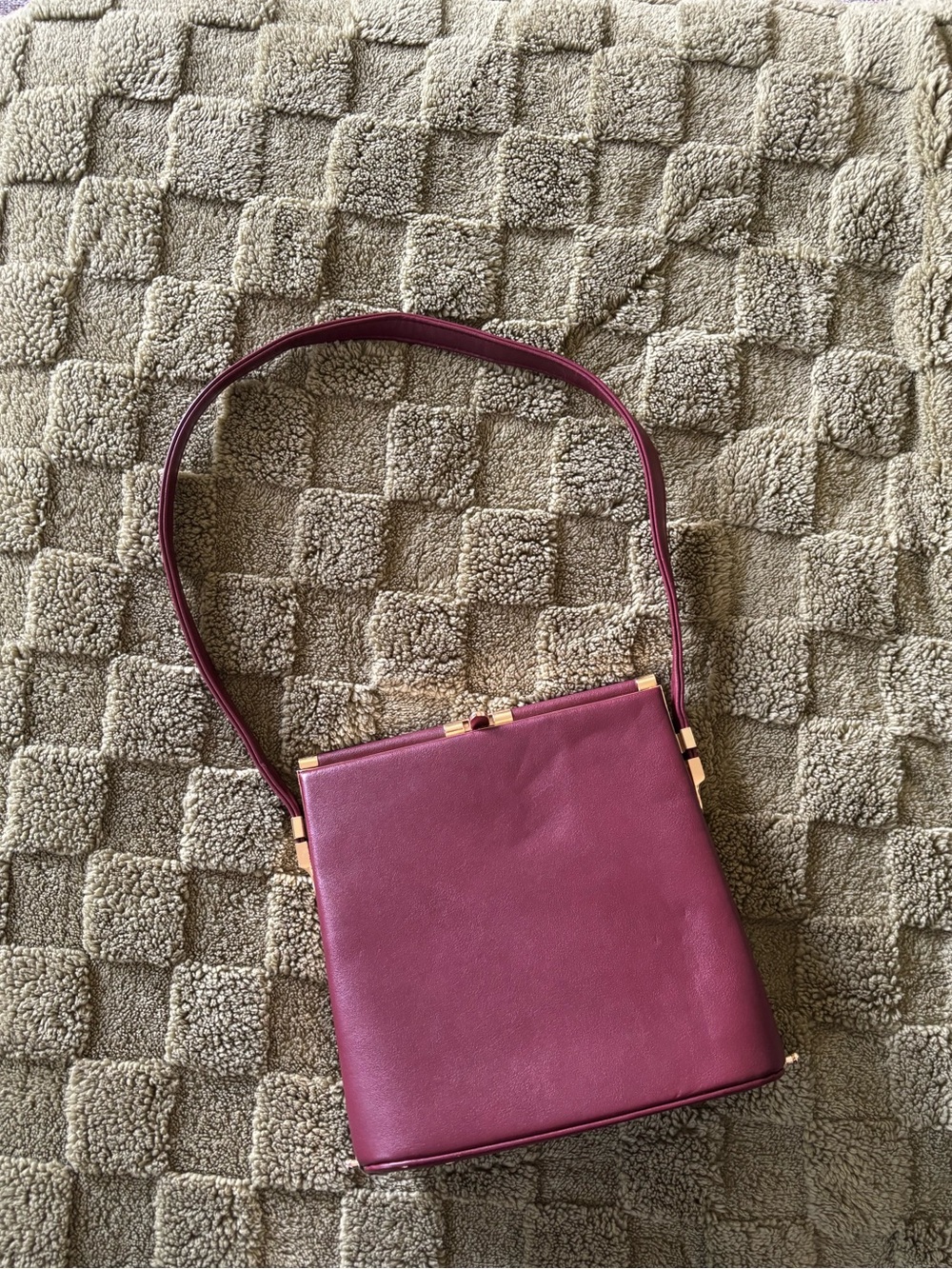 Vintage Burgundy Structured Top Handle Handbag Gold Hardware